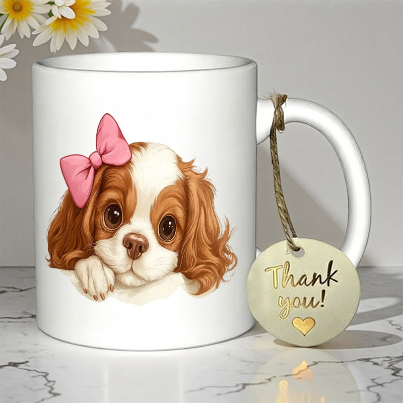 Tailorly White Ceramic 11 oz Mug - Thank You Adorable Brown And White Cavalier Spaniel Puppy Wearing Pink Bow Dog