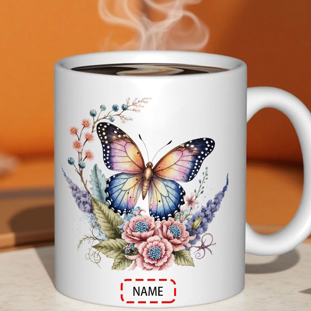 Tailorly White Ceramic 11 oz Mug - Name Vibrant Colorful Wings Fluttering Amidst Elegant Floral Blooms And Soft Leaves Butterfly