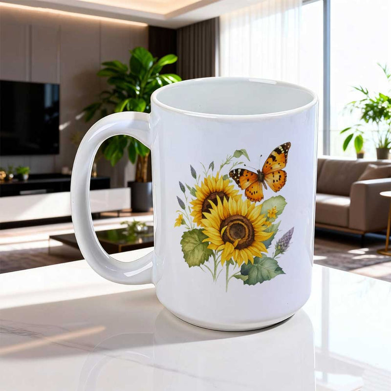 Tailorly White Ceramic 11 oz Mug - Vibrant Yellow Garden With A Graceful Orange Butterfly Resting Among Sunflowers Sunflower
