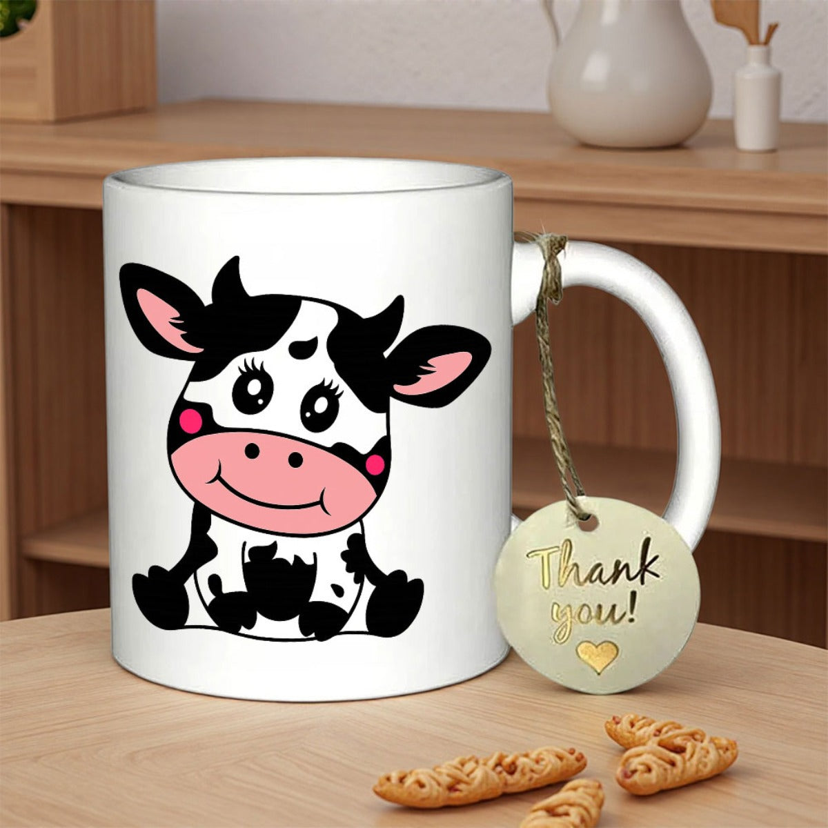 Tailorly White Ceramic 11 oz Mug - Thank You Adorable Smiling Cartoon Calf With Pink Accents And Black Spots Cow