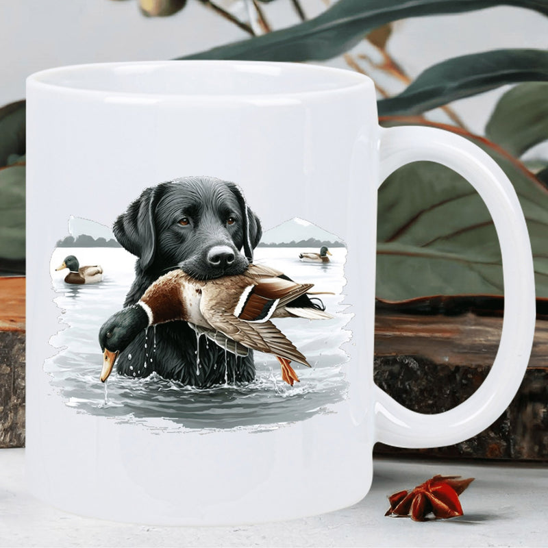 Tailorly White Ceramic 11 oz Mug - Hunting Dog Carrying Mallard Duck While Swimming Across Serene Calm Lake Labrador
