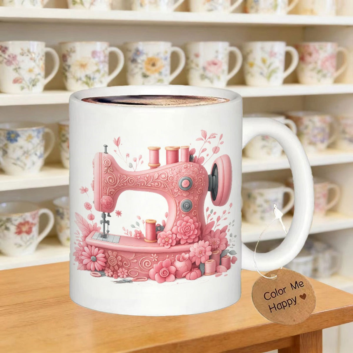 Tailorly White Ceramic 11 oz Mug - Color Me Happy Ornate Vintage Style Pink Patterned With Beautiful Blooming Petals Sewing Machine