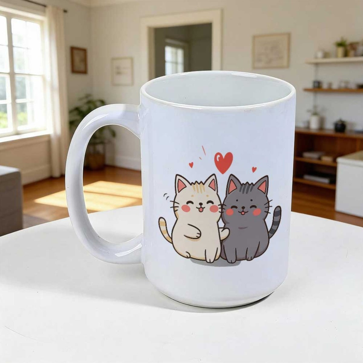 Tailorly White Ceramic 11 oz Mug - Two Adorable Cartoon Kittens Sitting Together Under A Red Heart Cat