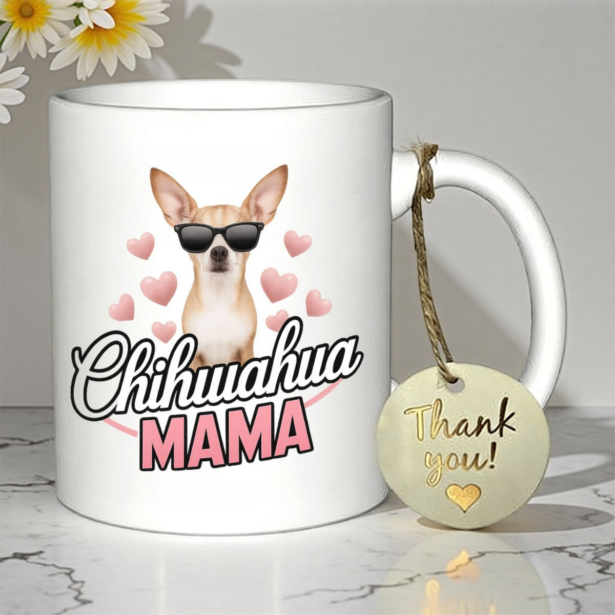 Tailorly White Ceramic 11 oz Mug - Chihuahua Mama Adorable Chihuahua Wearing Cool Sunglasses Surrounded By Small Pink Hearts Chihuahua