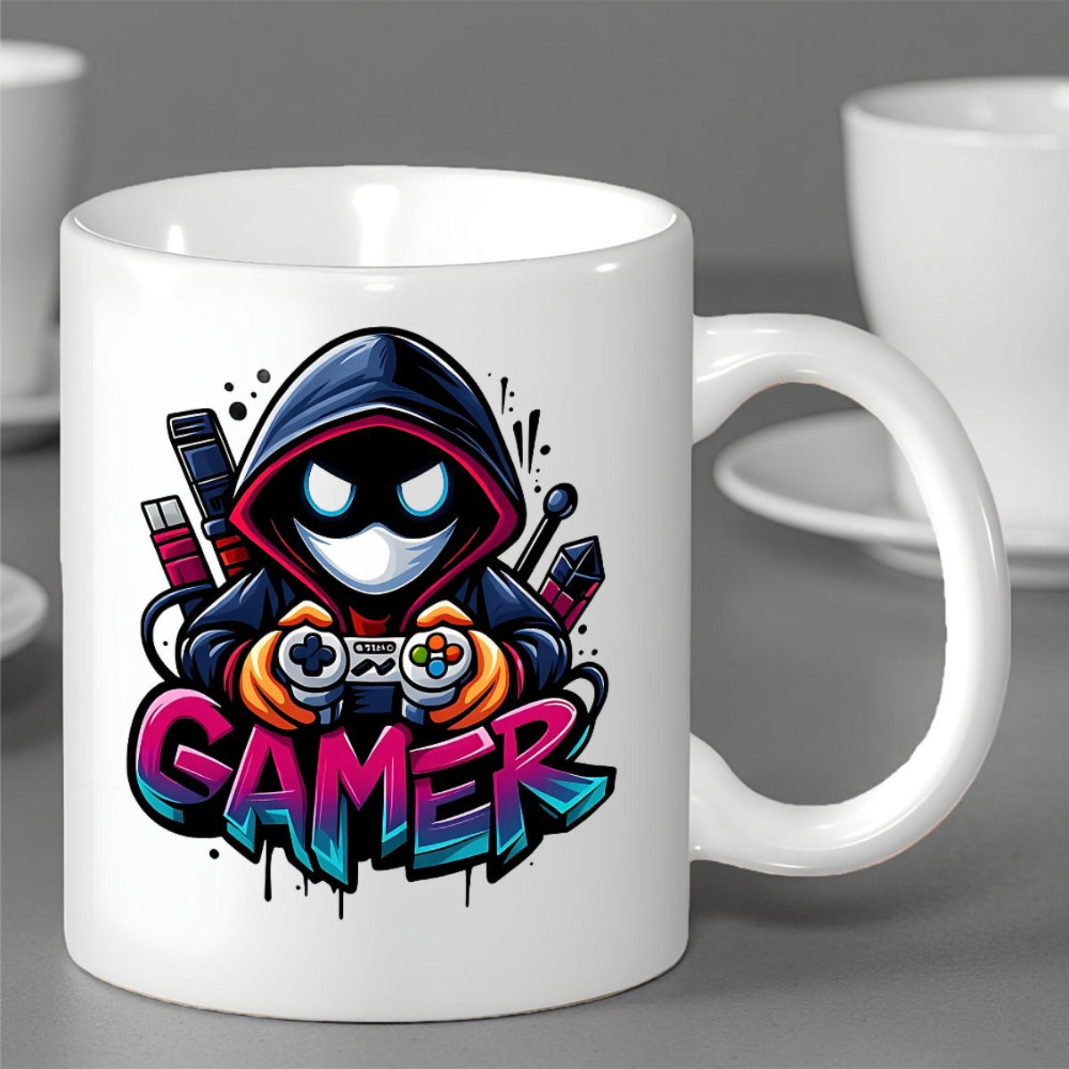 Tailorly White Ceramic 11 oz Mug - Gamer Hooded Figure Holding A Classic Game Controller With Vibrant Graffiti Colors Character