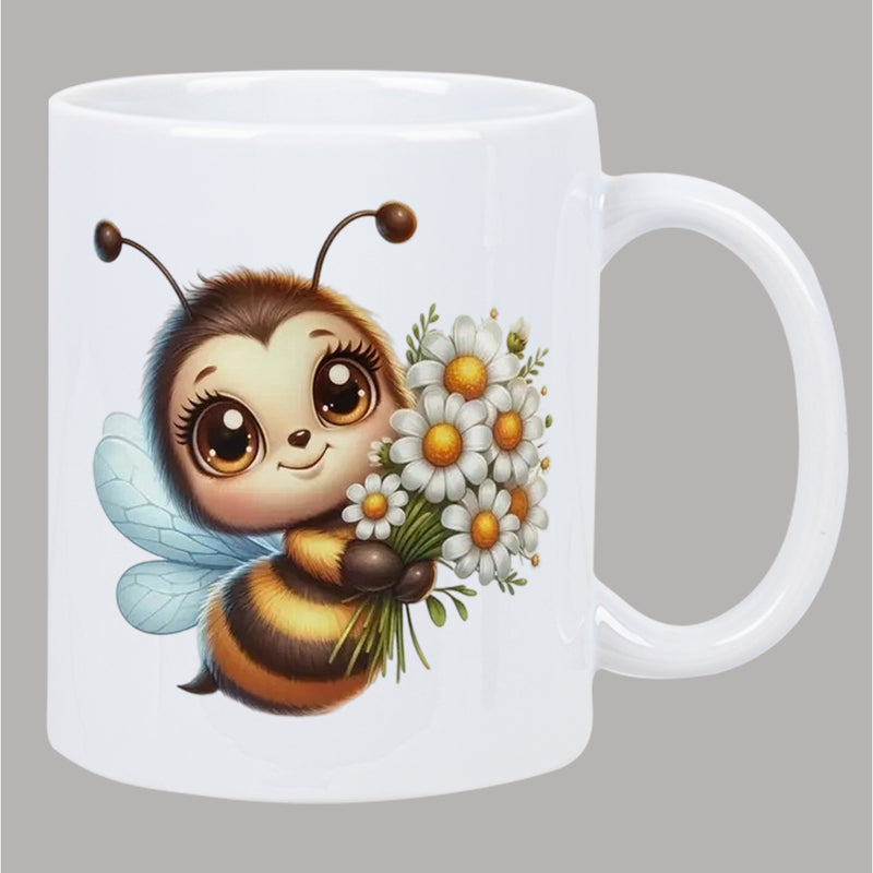 Tailorly White Ceramic 11 oz Mug - Adorable Tiny Honey Bee Holding Fresh White Daisies With Golden Centers Bee