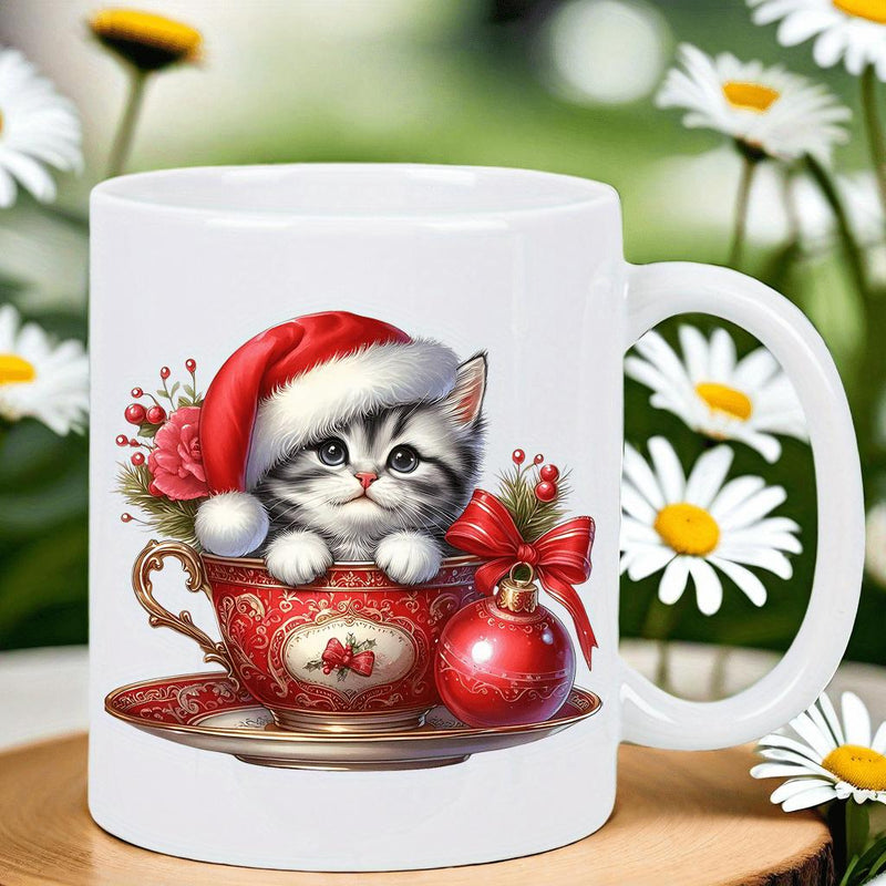 Tailorly White Ceramic 11 oz Mug - Adorable Fluffy Festive Christmas Scene With Santa Hat Inside Red Teacup Kitten