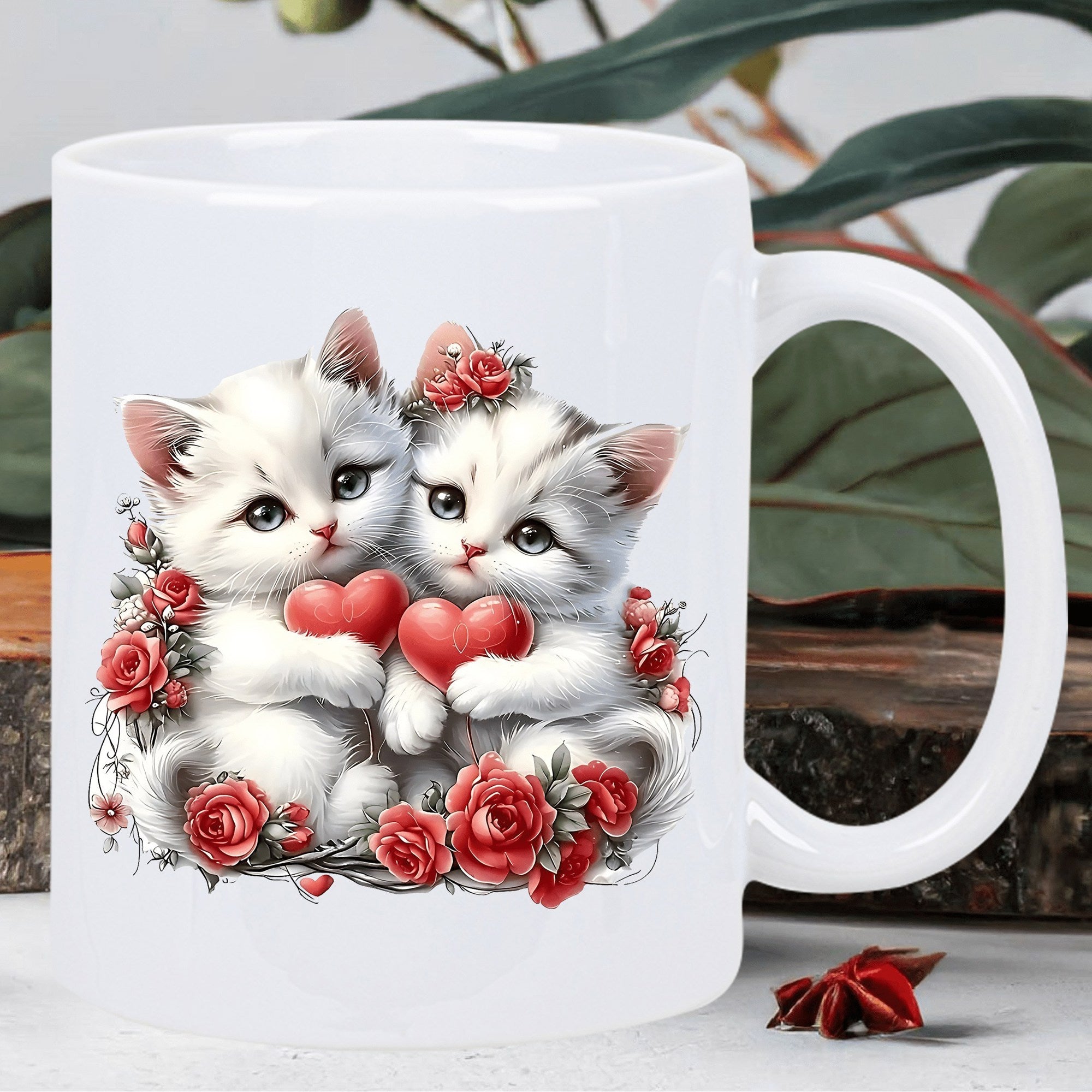 Tailorly White Ceramic 11 oz Mug - Two Fluffy White Kittens Holding Red Hearts Among Elegant Roses Kittens