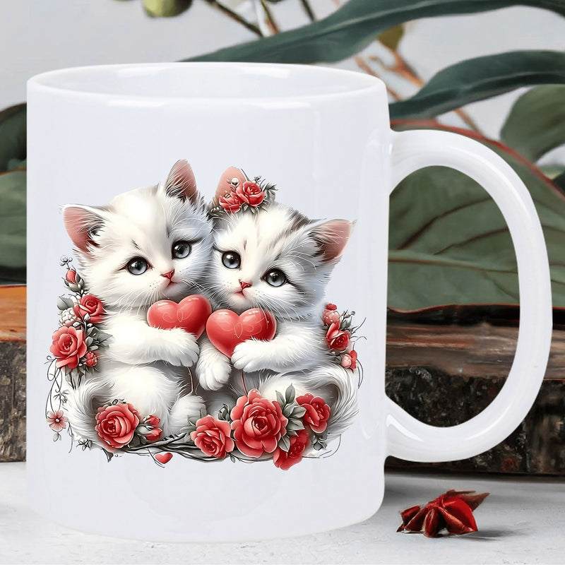 Tailorly White Ceramic 11 oz Mug - Two Fluffy White Kittens Holding Red Hearts Among Elegant Roses Kittens