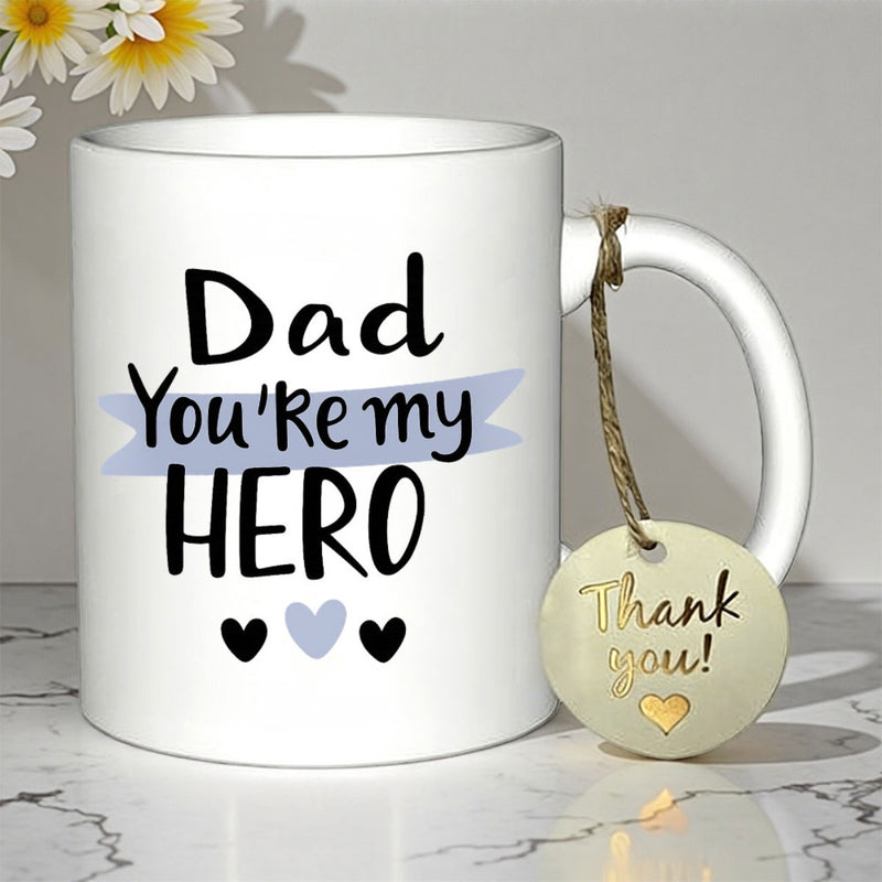 Tailorly White Ceramic 11 oz Mug - Dad Youre My Hero Thank You Minimalist Hearts Floating Below A Gentle Blue Ribbon Banner Graphic Mug