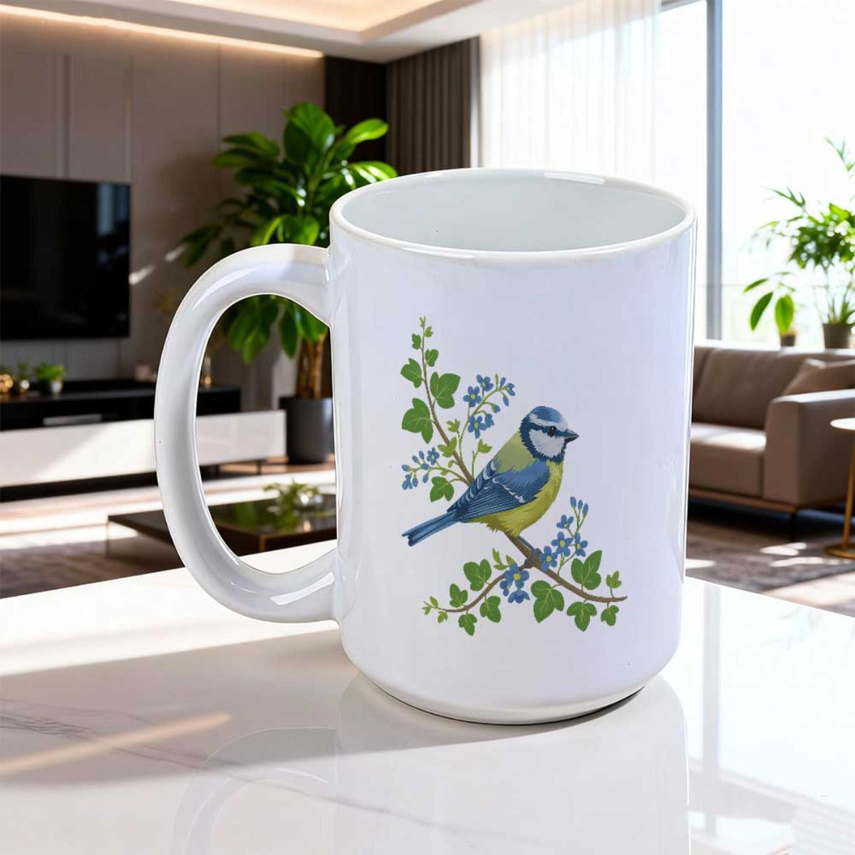 Tailorly White Ceramic 11 oz Mug - Small Vibrant Blue Tit Perched On Ivy Vine Among Blossoms Bird