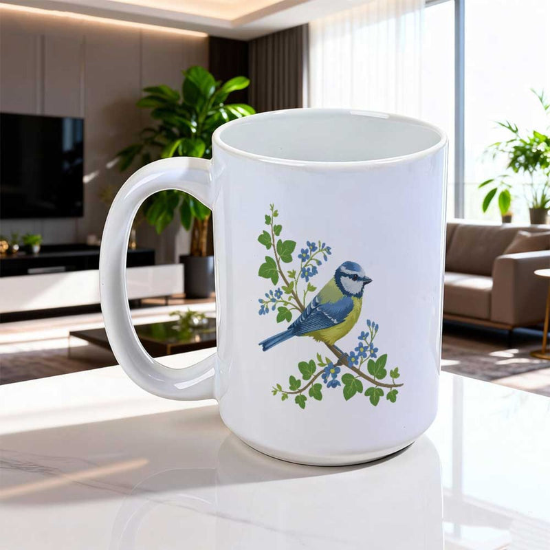 Tailorly White Ceramic 11 oz Mug - Small Vibrant Blue Tit Perched On Ivy Vine Among Blossoms Bird