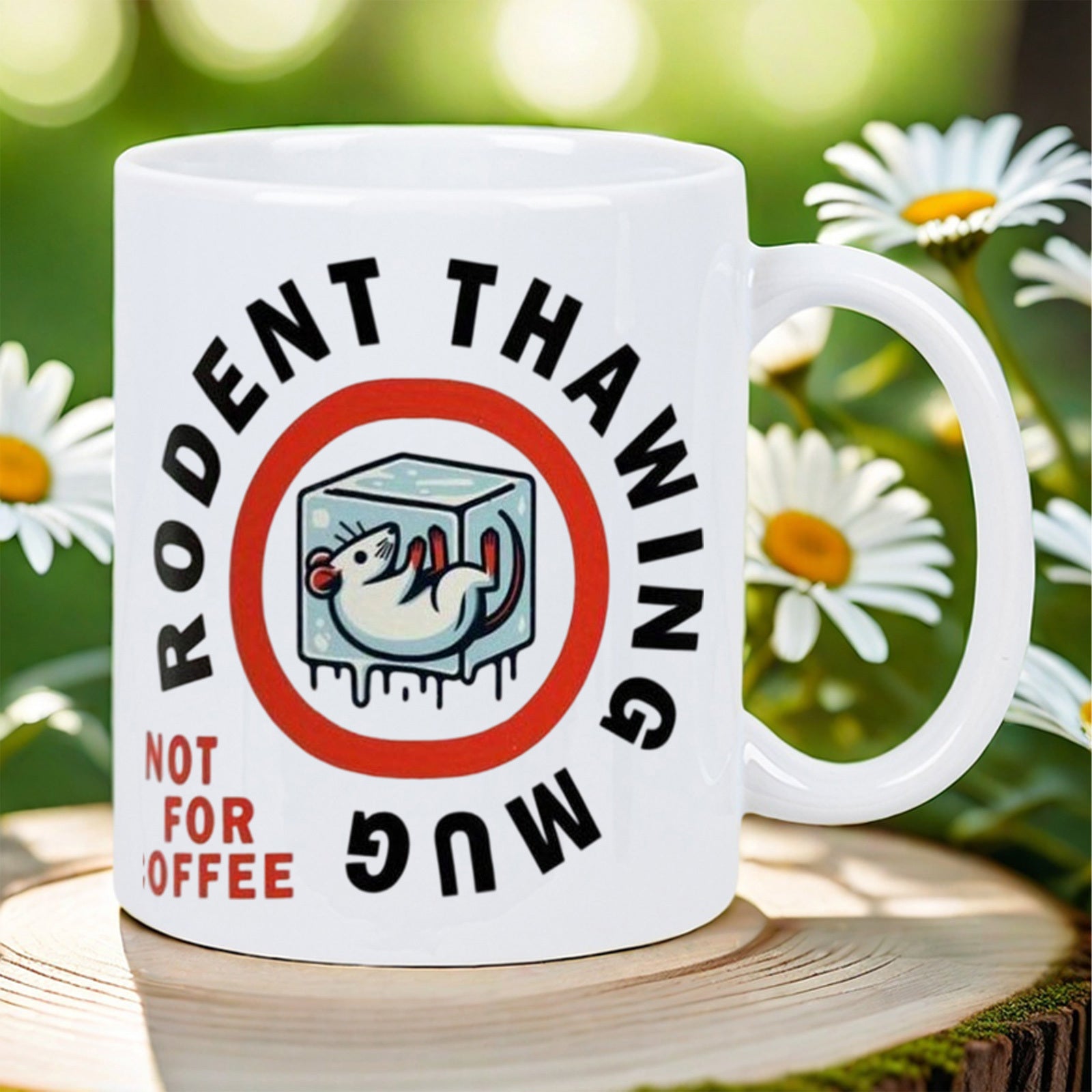 Tailorly White Ceramic 11 oz Mug - Rodent Thawing Mug Not For Coffee Frozen White Mouse Inside Melting Ice Cube Within Red Circle Mug