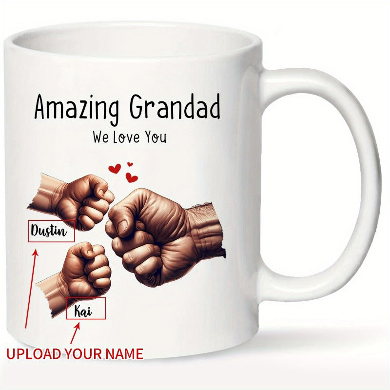 Tailorly White Ceramic 11 oz Mug - Amazing Grandad We Love You Generational Fists Bumping Together Under Small Red Love Hearts Fist