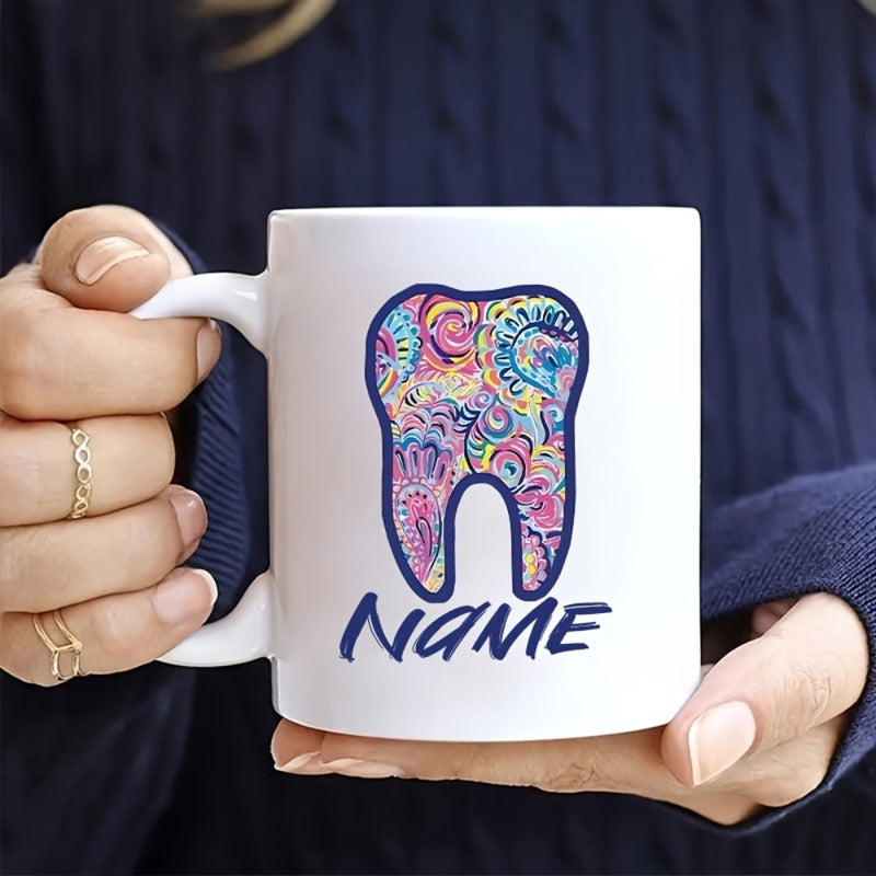 Tailorly White Ceramic 11 oz Mug - Name Vibrant Artistic Patterned Molar With Ornate Colorful Mandala Details Dental Tooth