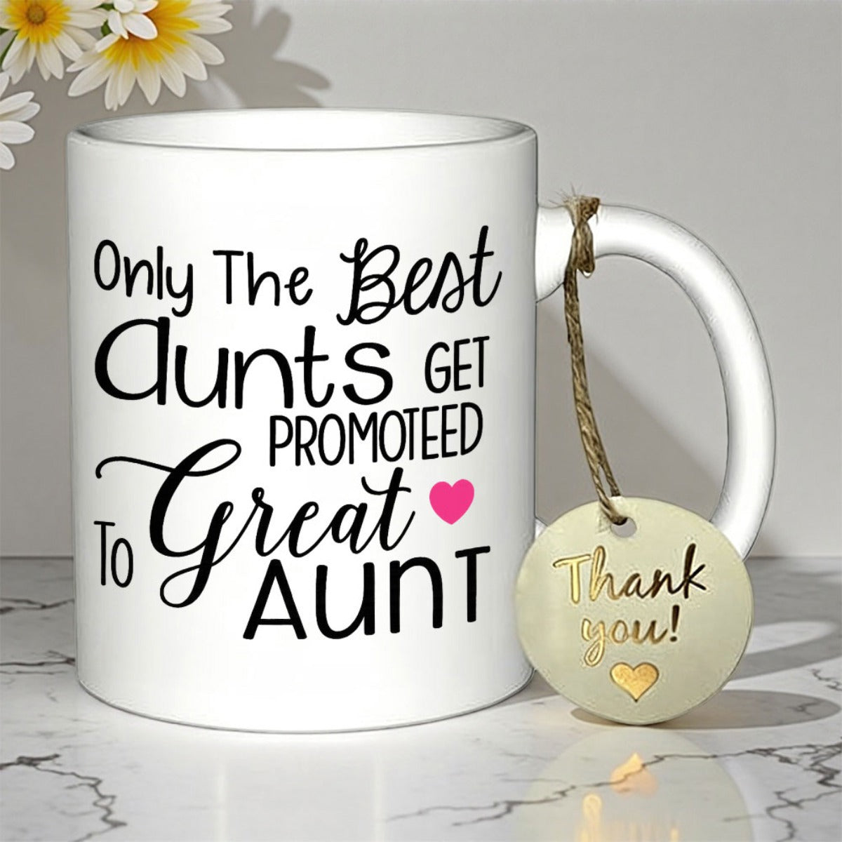 Tailorly White Ceramic 11 oz Mug - Only The Best Aunts Get Promoted To Great Aunt Minimalist Ceramic Vessel Featuring Delicate Pink Heart Motif On Surface Mug