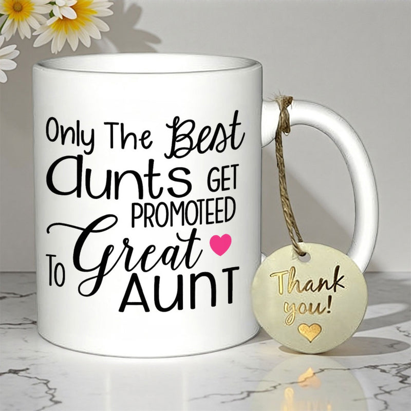 Tailorly White Ceramic 11 oz Mug - Only The Best Aunts Get Promoted To Great Aunt Minimalist Ceramic Vessel Featuring Delicate Pink Heart Motif On Surface Mug