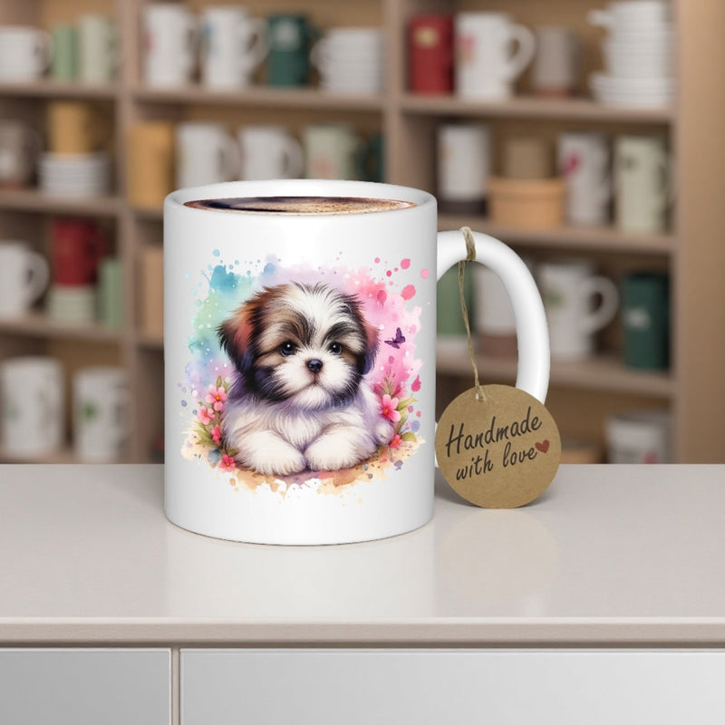 Tailorly White Ceramic 11 oz Mug - Handmade With Love Adorable Fluffy Canine Surrounded By Vibrant Artistic Watercolor Splashes Puppy