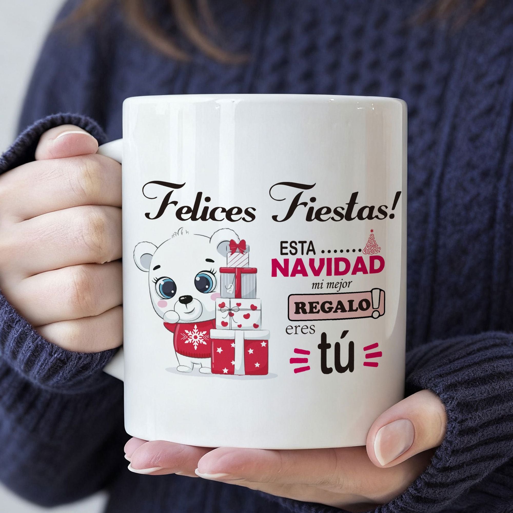 Tailorly White Ceramic 11 oz Mug - Adorable Polar Bear Wearing Festive Red Snowflake Sweater Beside Stacked Gift Boxes Bear