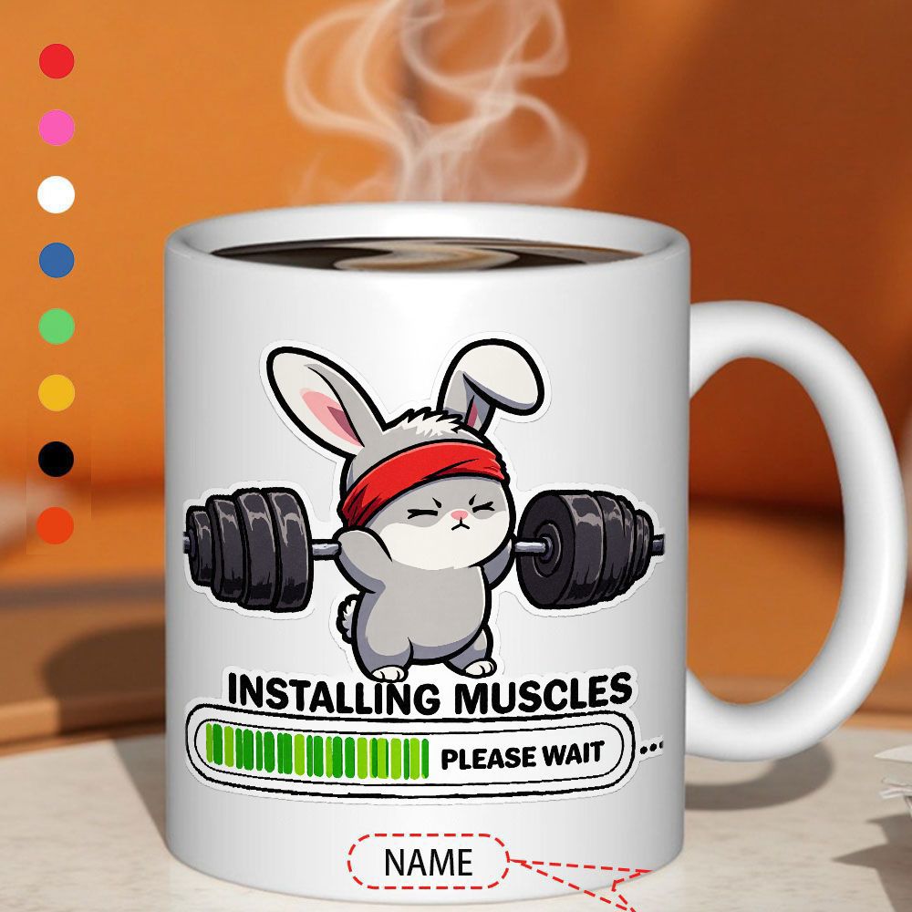 Tailorly White Ceramic 11 oz Mug - Installing Muscles Please Wait Adorable Gray Rabbit Wearing Red Headband Lifting Large Weights Rabbit
