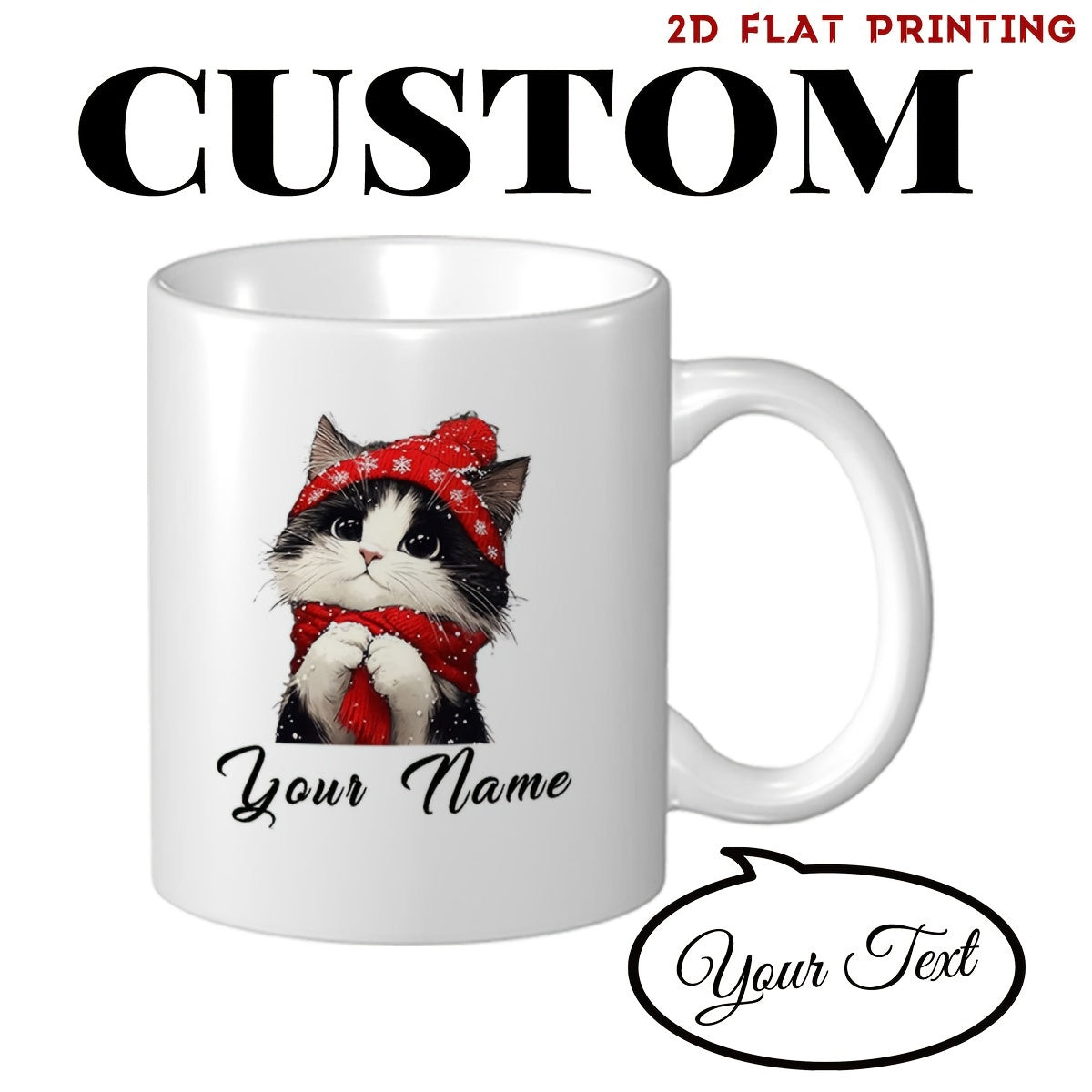 Tailorly White Ceramic 11 oz Mug - Custom Your Name Adorable Fluffy Kitten Wearing Red Polka Dot Hat And Scarf Cat