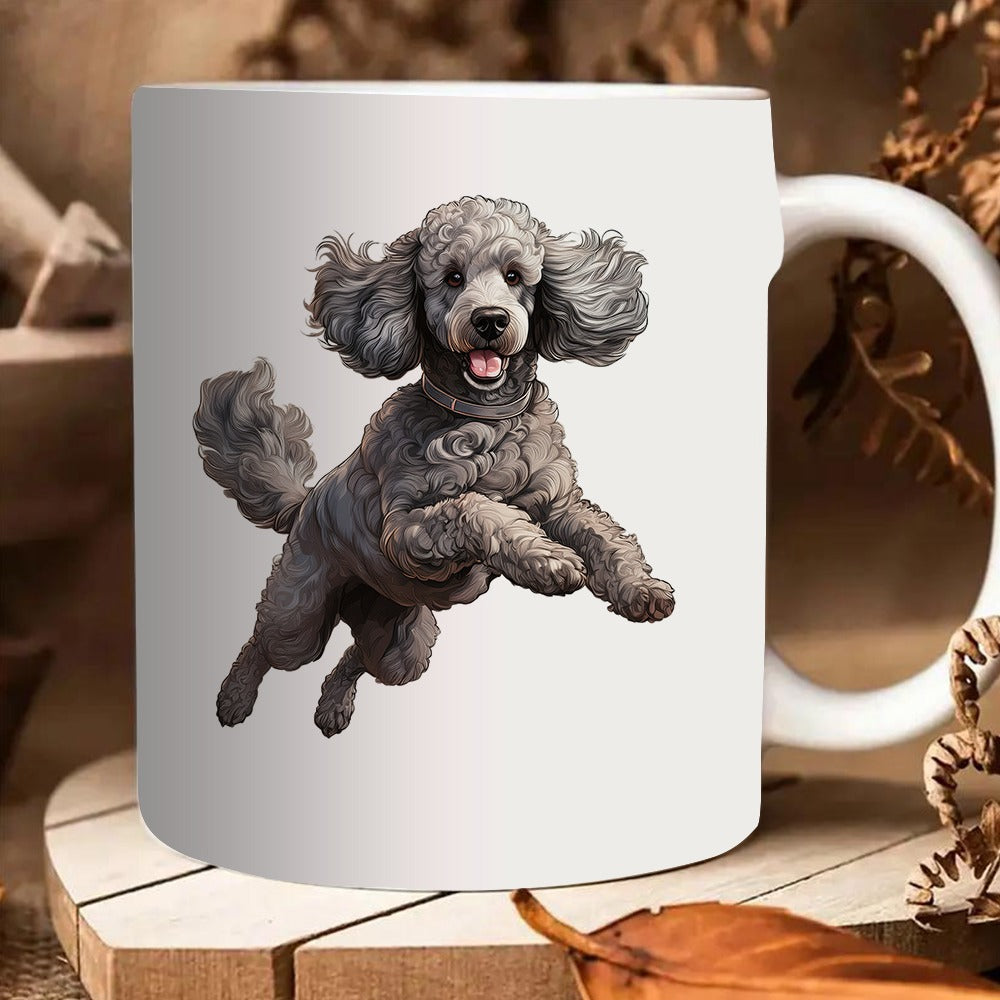 Tailorly White Ceramic 11 oz Mug - Playful Grey Fluffy Dog Jumping Through The Air With Joyful Energy Poodle