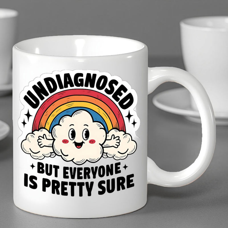 Tailorly White Ceramic 11 oz Mug - Undiagnosed But Everyone Is Pretty Sure Smiling Happy Cloud With Rainbow Arched Under Bright Cheerful Colorful Sky Cloud
