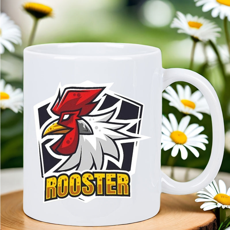 Tailorly White Ceramic 11 oz Mug - Rooster Fierce Mascot Shield With Red Comb And White Feathers Rooster