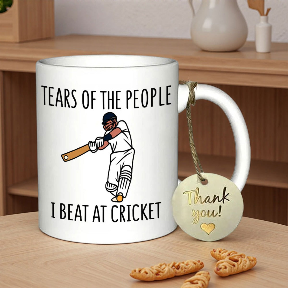 Tailorly White Ceramic 11 oz Mug - Tears Of The People I Beat At Cricket Classic Action Pose Holding Wooden Bat Wearing White Sports Uniform Player