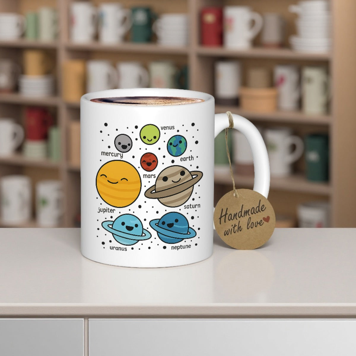 Tailorly White Ceramic 11 oz Mug - Mercury Venus Earth Mars Jupiter Saturn Uranus Neptune Vibrant Cartoon Planets With Happy Smiling Faces Floating In Galaxy Solar