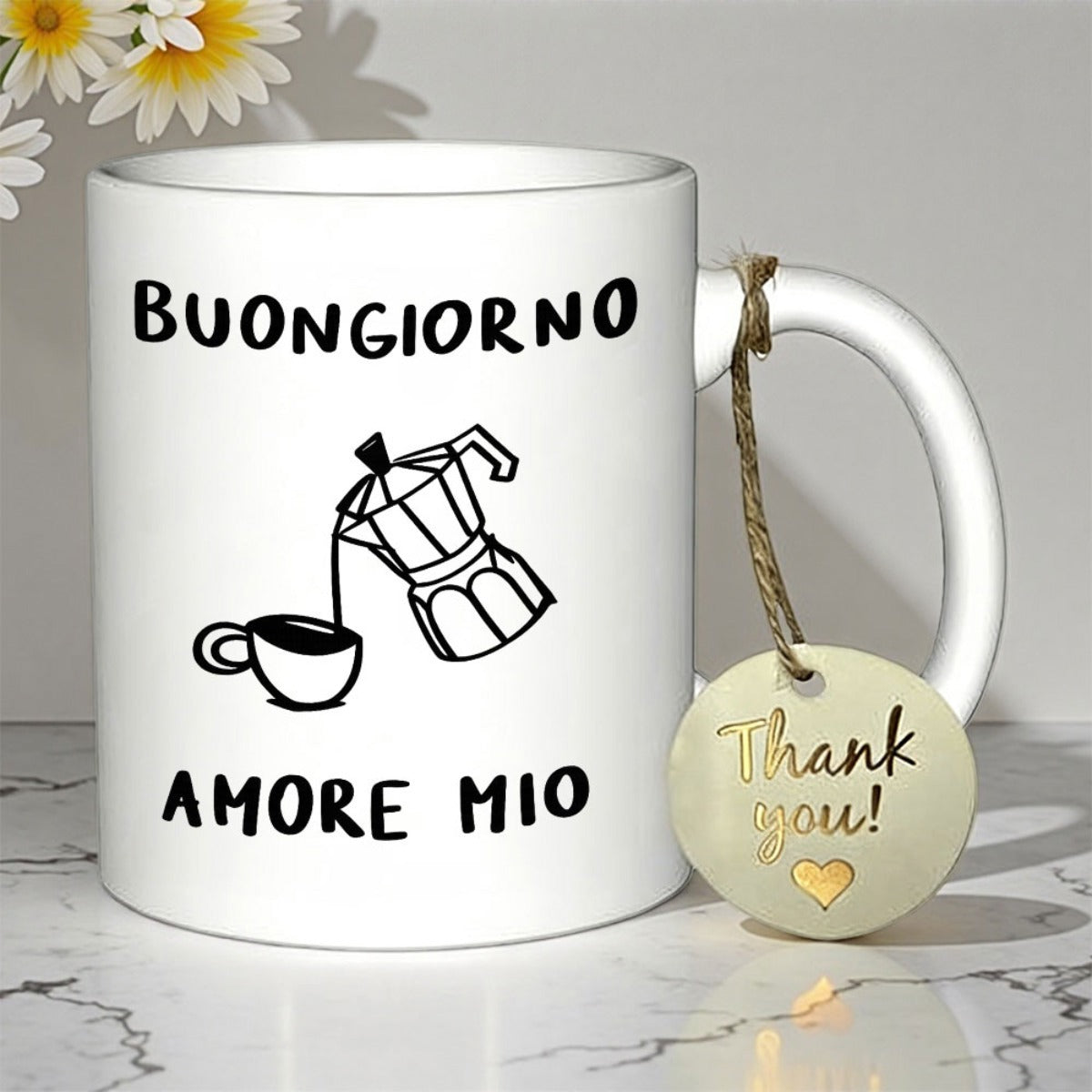 Tailorly White Ceramic 11 oz Mug - Thank You Classic Vintage Italian Coffee Maker Pouring Into Small Cup Moka Pot