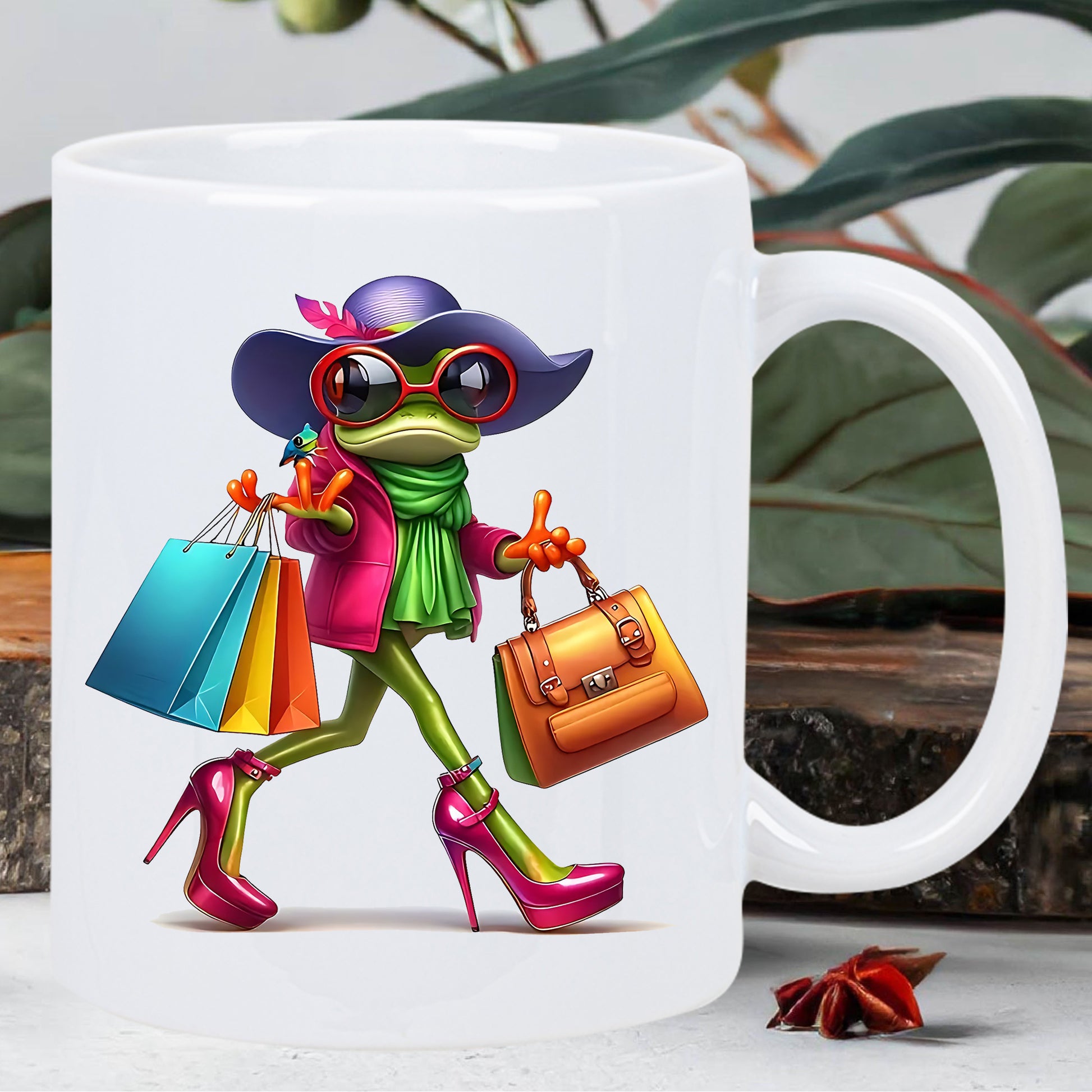 Tailorly White Ceramic 11 oz Mug - Fashionable Shopping Lady Wearing High Heels And Large Purple Hat Frog