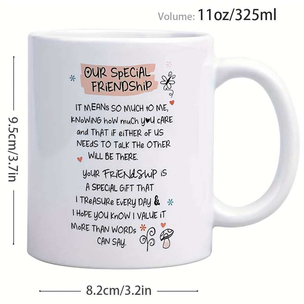 Tailorly White Ceramic 11 oz Mug - Our Special Friendship Hand Drawn Butterfly With Delicate Hearts And Small Blooming Garden Flowers Butterfly