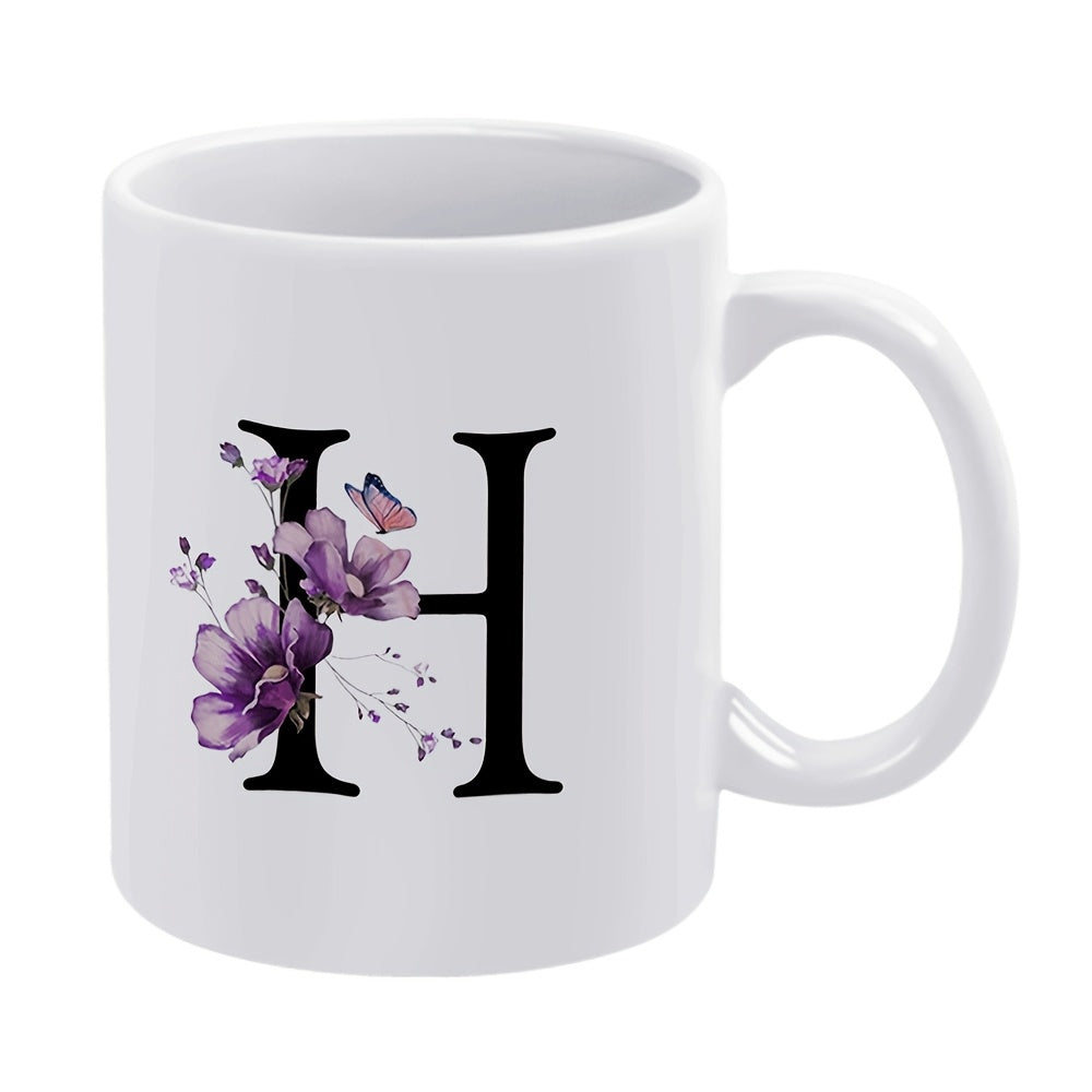 Tailorly White Ceramic 11 oz Mug - H Purple Floral Blooms With Delicate Butterflies Dancing Among Green Stems Mug