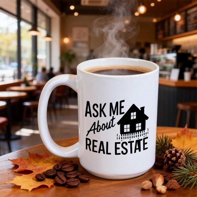 Tailorly White Ceramic 11 oz Mug - Ask Me About Real Estate Classic Black Home Silhouette Featuring A Small Garden Fence House