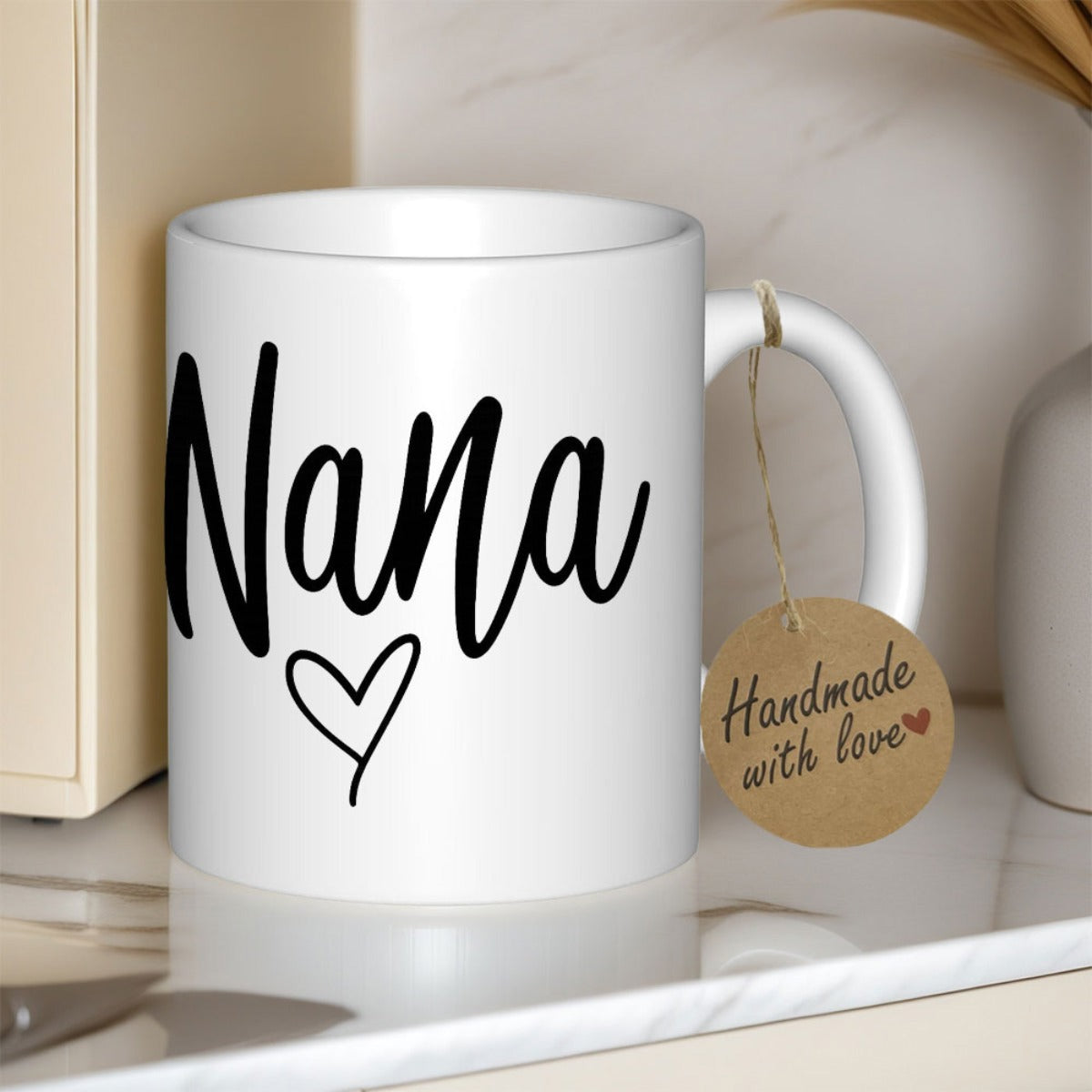 Tailorly White Ceramic 11 oz Mug - Nana Elegant Hand Written Cursive Script With A Small Minimalist Heart