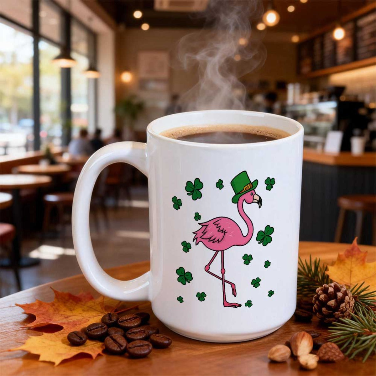 Tailorly White Ceramic 11 oz Mug - Vibrant Pink Bird Wearing Festive Hat Surrounded By Lucky Green Clover Flamingo
