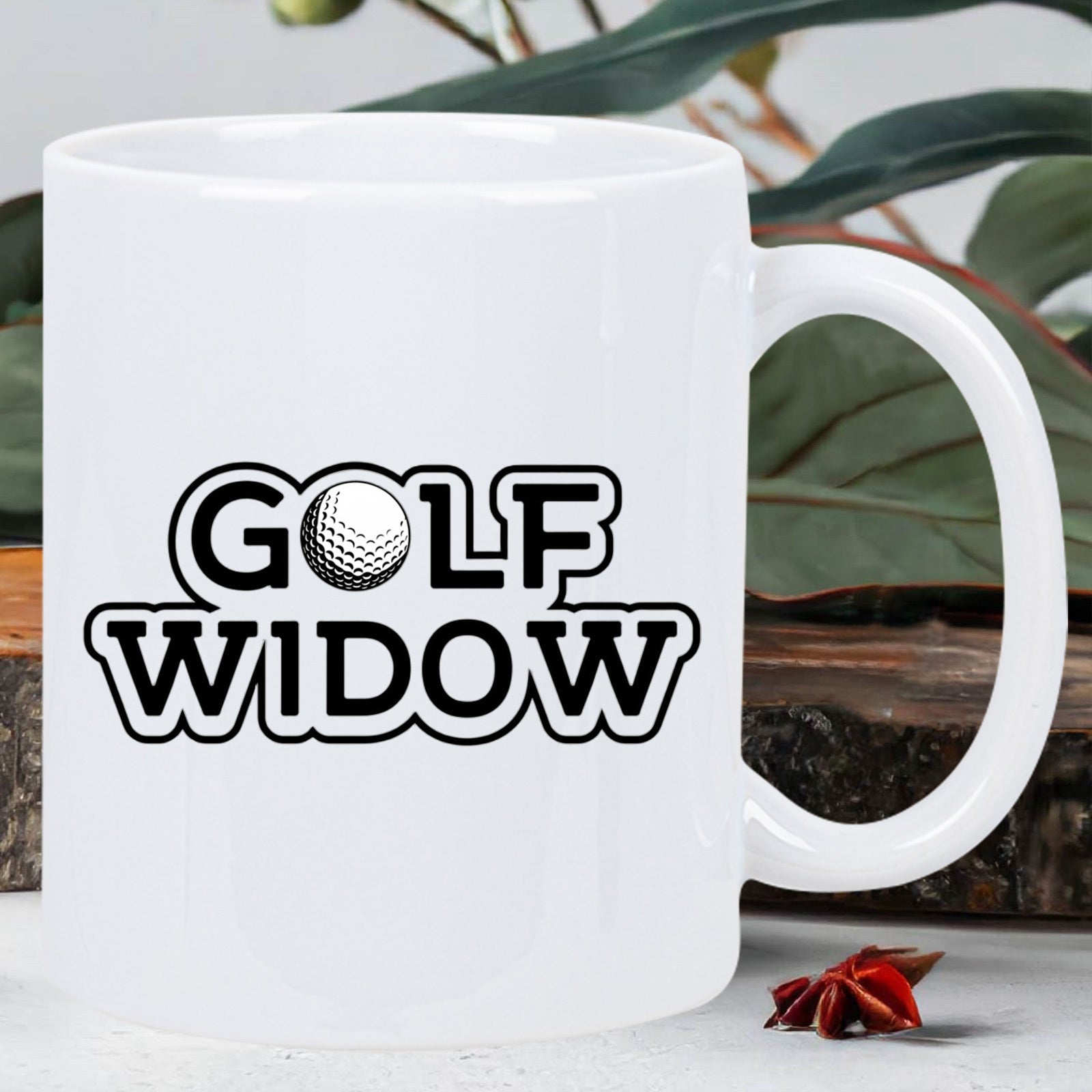 Tailorly White Ceramic 11 oz Mug - Golf Widow Featuring Bold Outlined Lettering And Realistic White Dimpled Sporty Theme Golf Ball