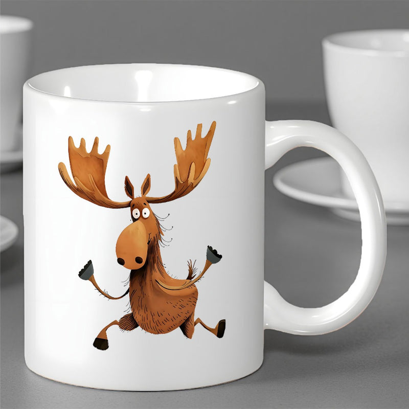 Tailorly White Ceramic 11 oz Mug - Whimsical Brown Cartoon Running With Wide Antlers And Goofy Face Moose
