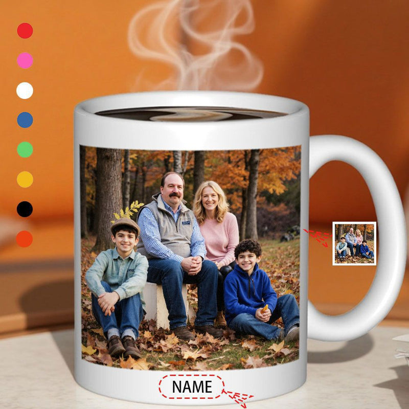 Tailorly White Ceramic 11 oz Mug - Name Happy Family Sitting In Autumn Forest Among Golden Fallen Leaves Portrait