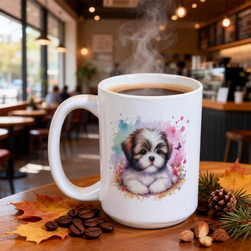 Tailorly White Ceramic 11 oz Mug - Artistic Watercolor Illustration Of A Fluffy Small Sitting Domestic Dog Puppy