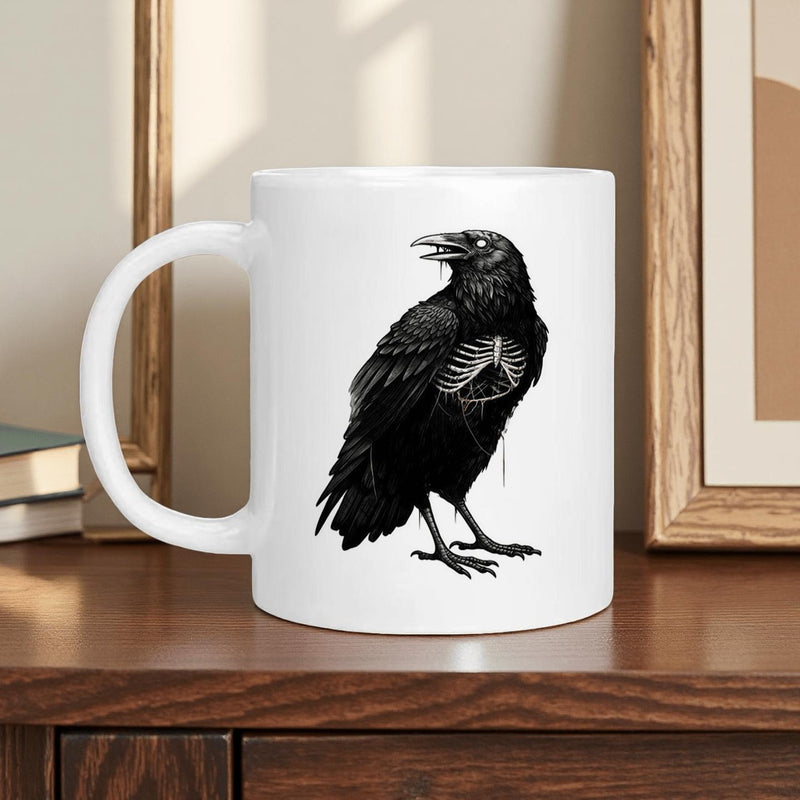 Tailorly White Ceramic 11 oz Mug - Hand Drawn Gothic Style Black Crow With Skeletal Ribcage Details Raven