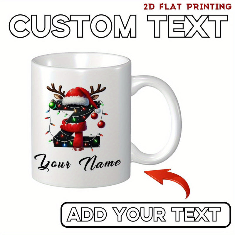 Tailorly White Ceramic 11 oz Mug - Your Name Festive Capital Alphabet Letter Decorated With Reindeer Antlers Santa Hat And Scarf Mug
