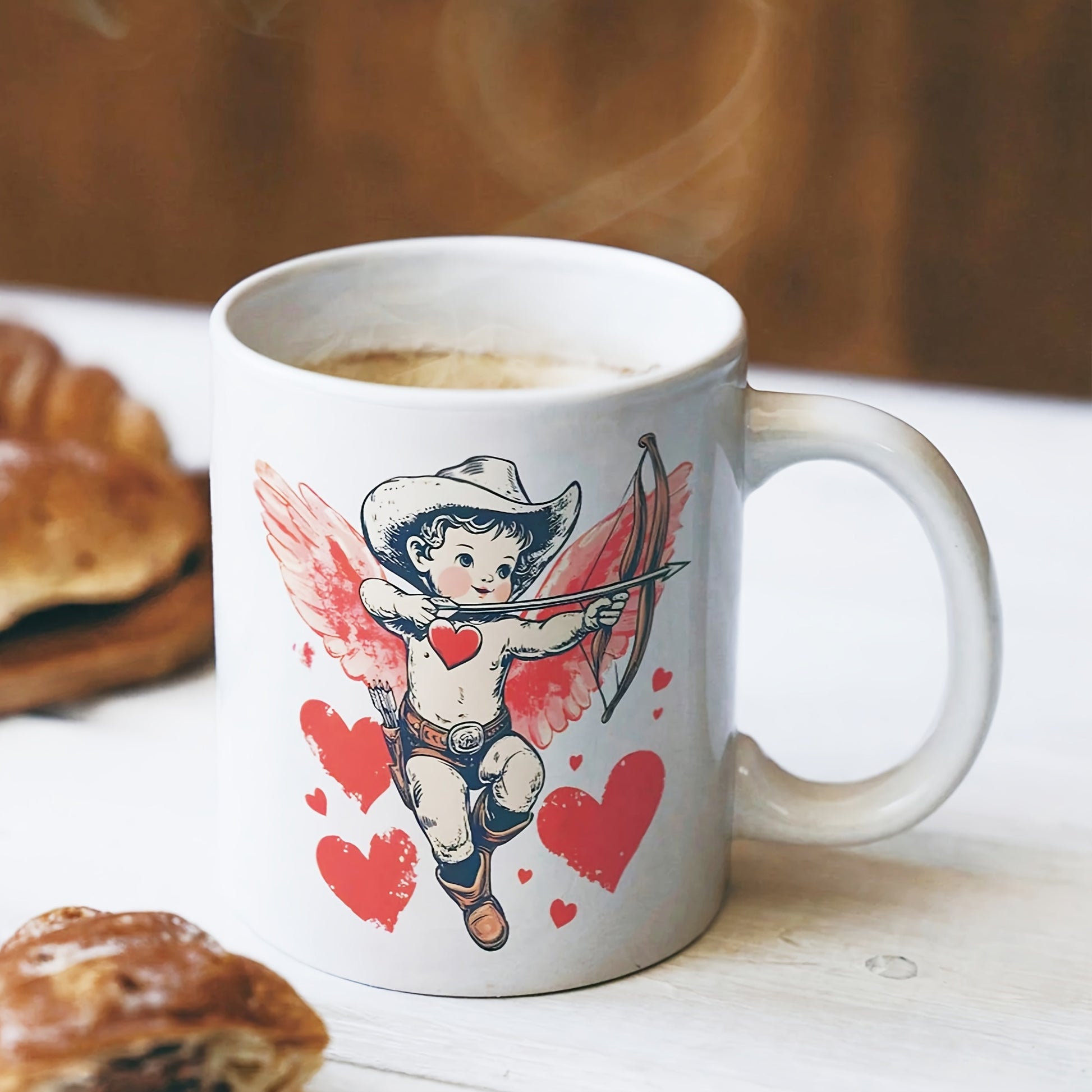 Tailorly White Ceramic 11 oz Mug - Vintage Style Cowboy Archer With Wings And Floating Red Hearts Cupid