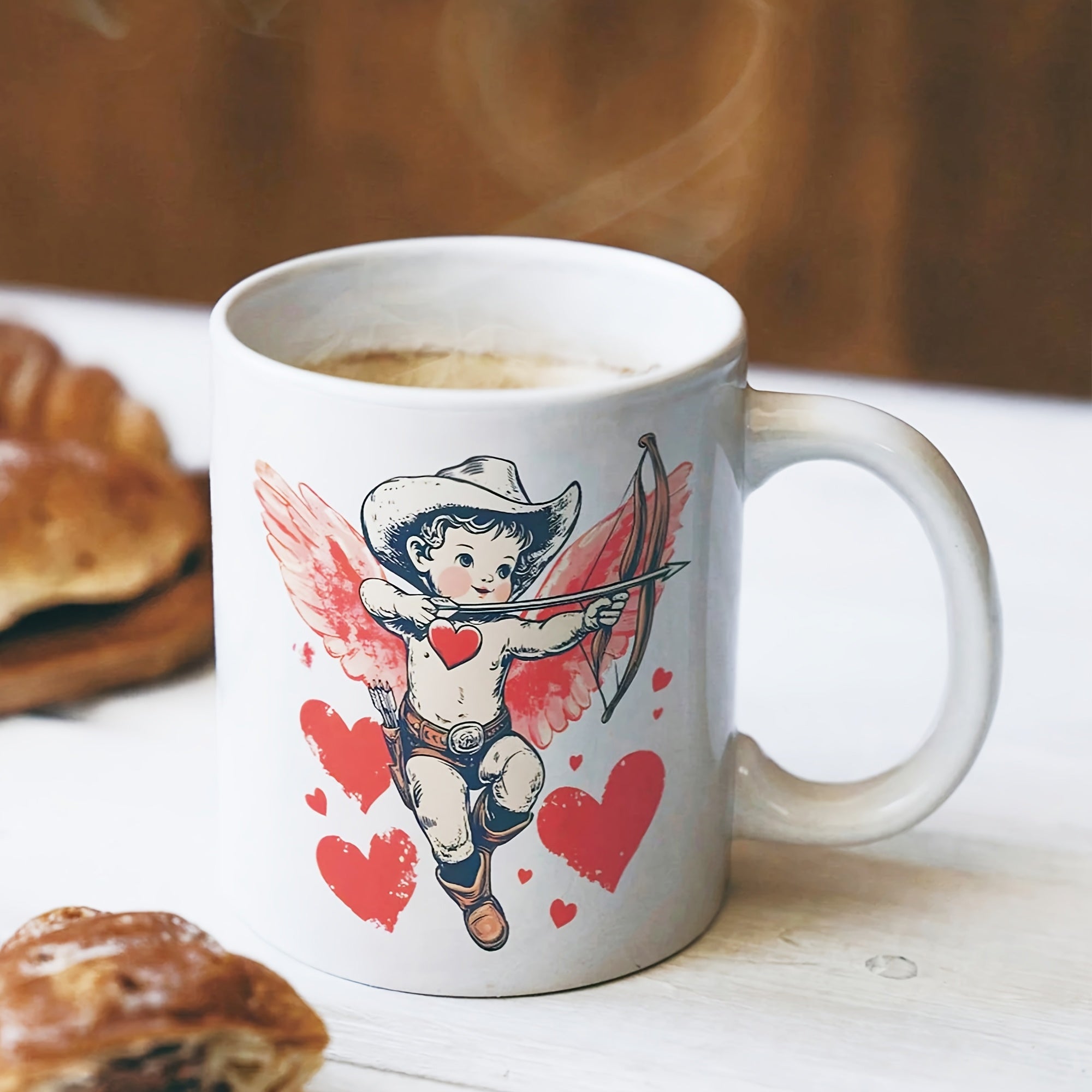 Tailorly White Ceramic 11 oz Mug - Vintage Style Cowboy Archer With Wings And Floating Red Hearts Cupid