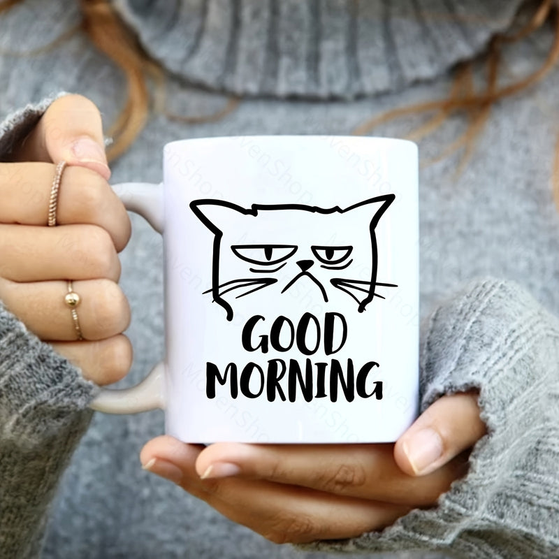 Tailorly White Ceramic 11 oz Mug - Good Morning Minimalist Black Line Art Grumpy Expression On Ceramic Surface Cat