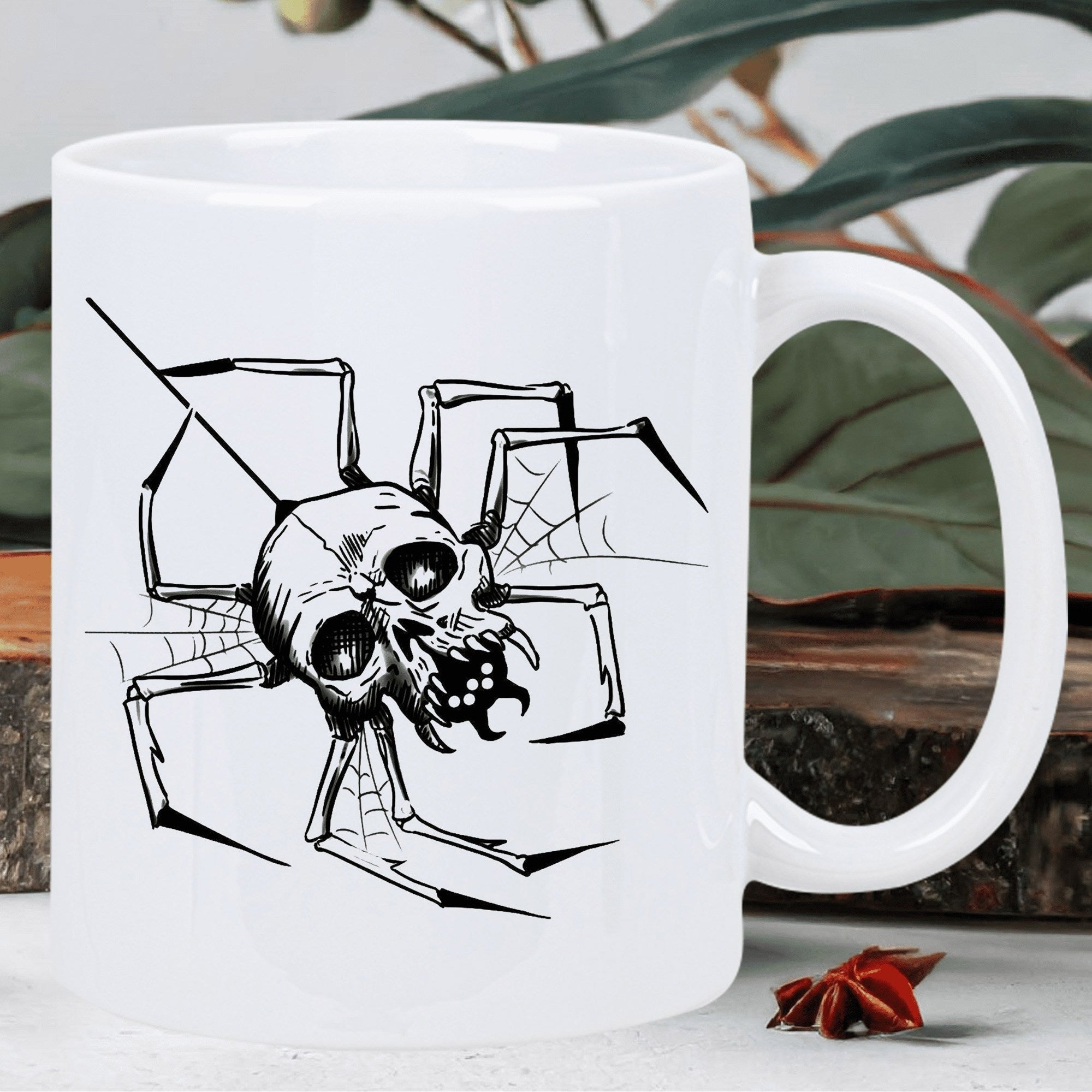 Tailorly White Ceramic 11 oz Mug - Dark Gothic Spooky Skeleton Skull With Spindly Long Legs On Web Spider