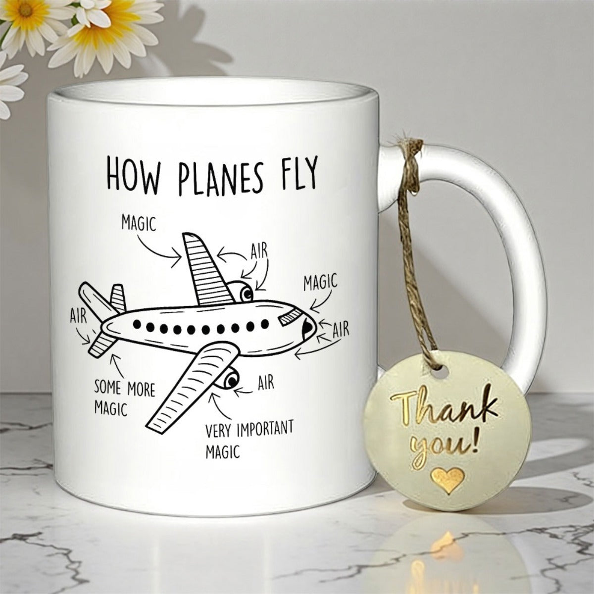 Tailorly White Ceramic 11 oz Mug - How Planes Fly Magic Air Some More Magic Very Important Magic Simple Humorous Diagram Showing A Minimalist Cartoon Aviation