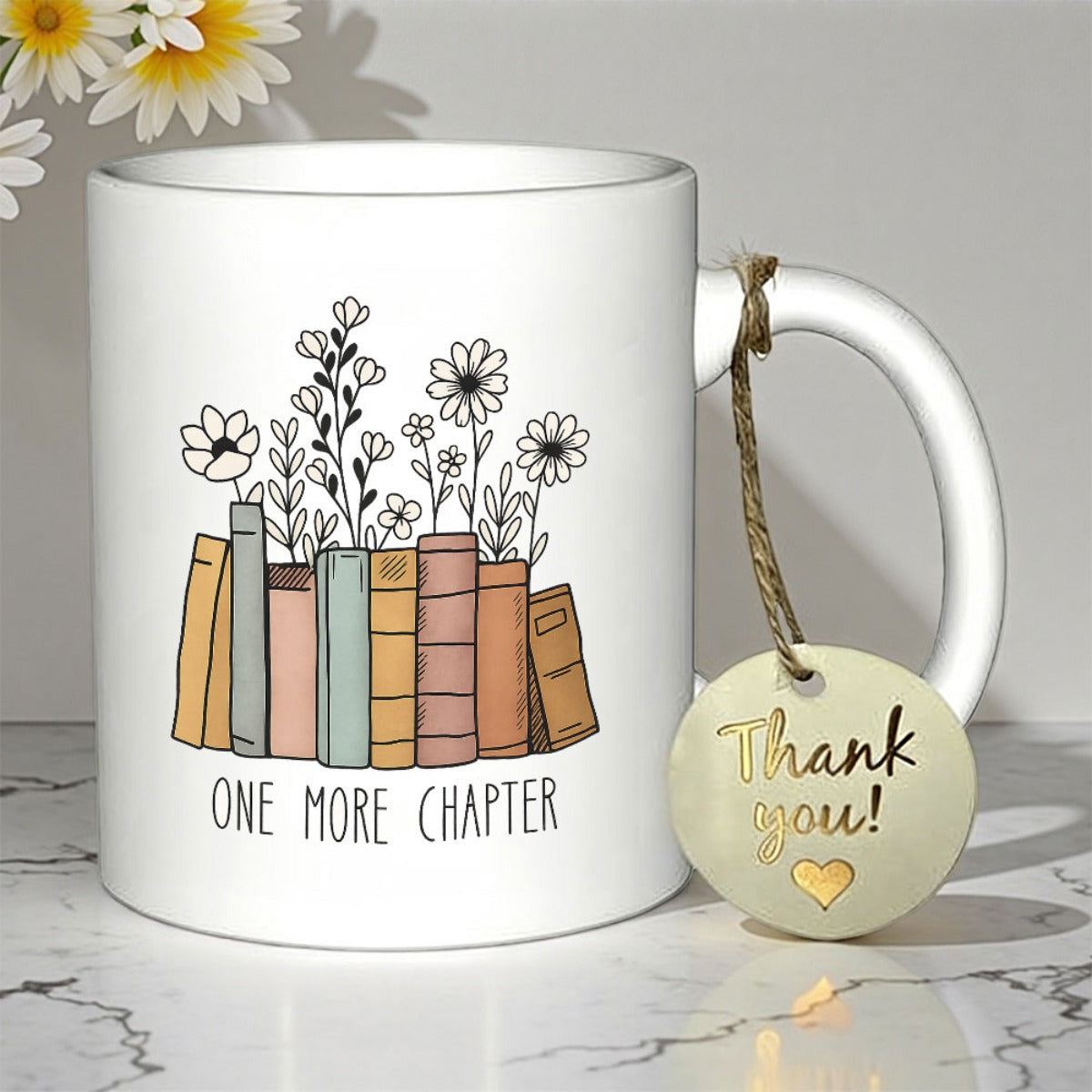 Tailorly White Ceramic 11 oz Mug - One More Chapter Elegant Hand Drawn Wildflowers Growing From Pastel Colored Vintage Books