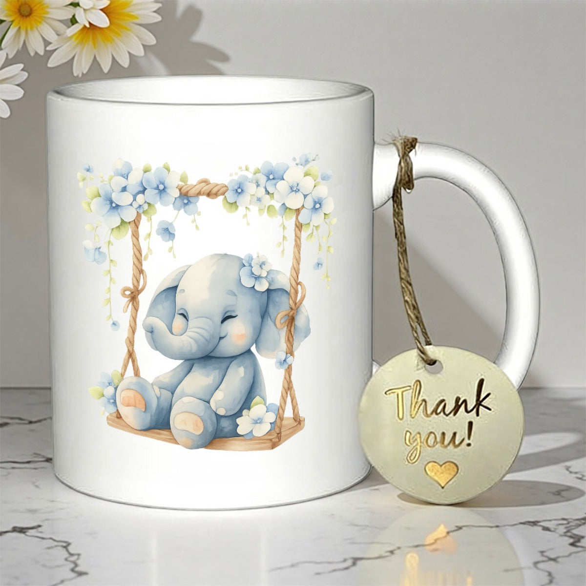 Tailorly White Ceramic 11 oz Mug - Thank You Adorable Baby Elephant Sitting On Swing Under Soft Blue Flowers Elephant